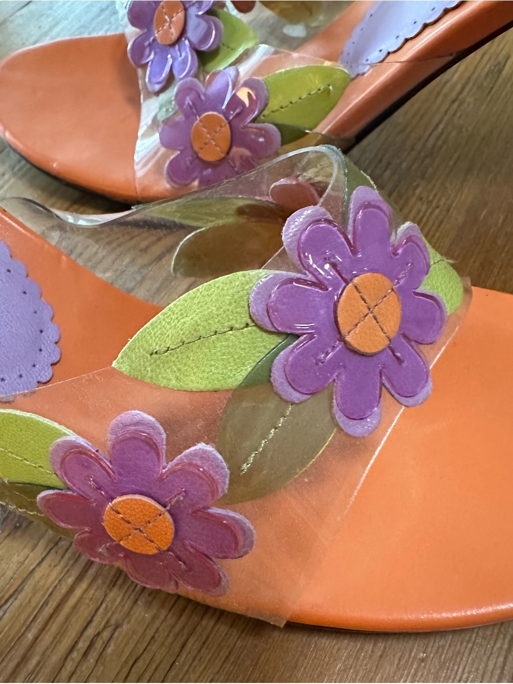 Floral Clear Strap Orange Sandals with Purple Accents. Beautiful Barbi colors! - Picture 5 of 6
